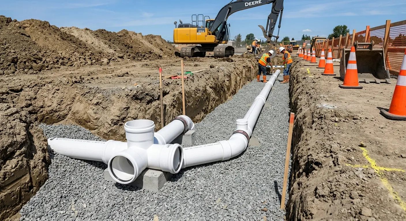 New PVC sewer pipe installation in open trench for Commercial Drain Cleaning in Rantoul