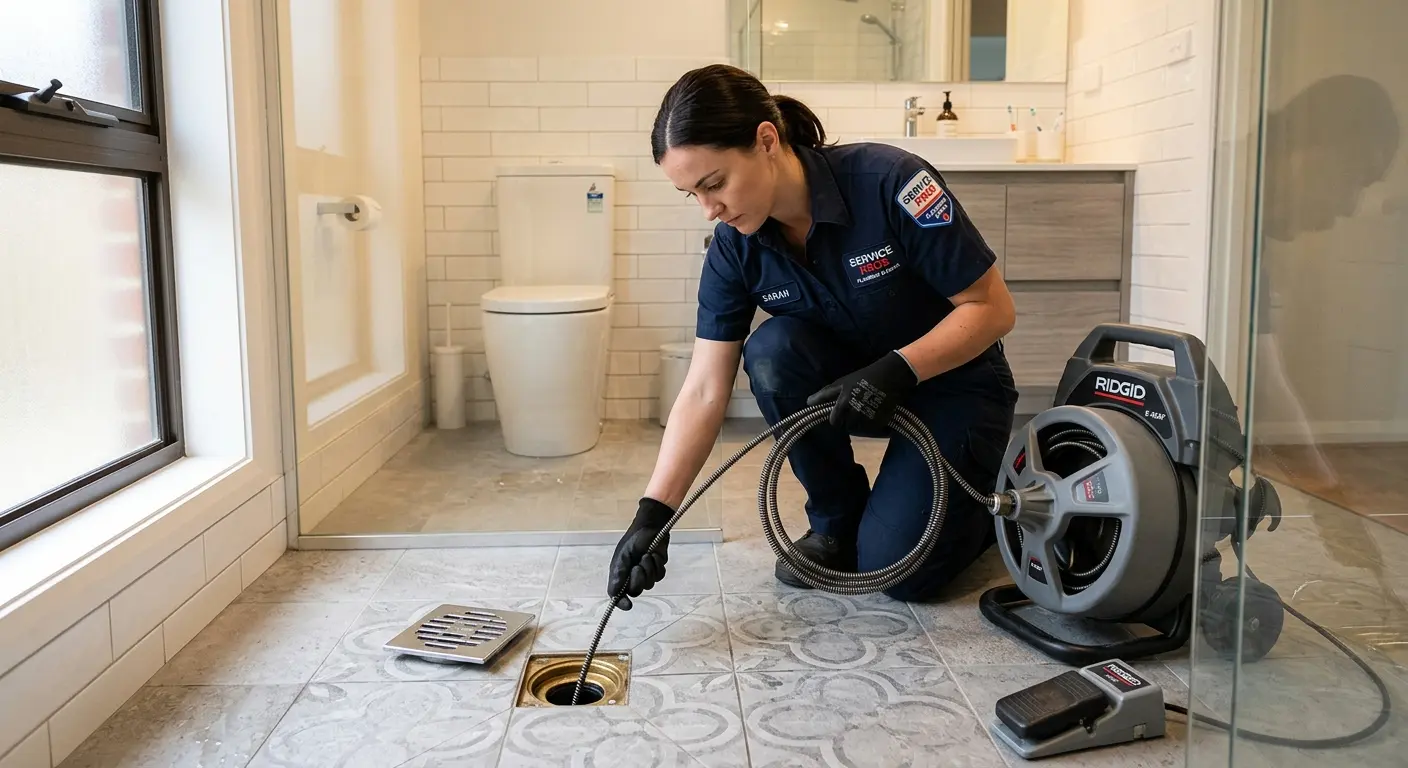 Technician clearing a bathroom floor drain for Hydro Jetting in Rantoul